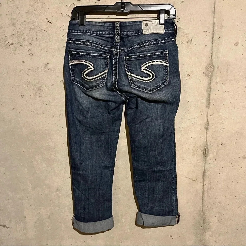 Silver Suki Capri Jeans Womens 27 Blue Low Rise Crop Cuffed Denim Thick Stitch - Picture 4 of 11